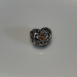 Pandora Silver Filigree Heart Charm with Amber Stone